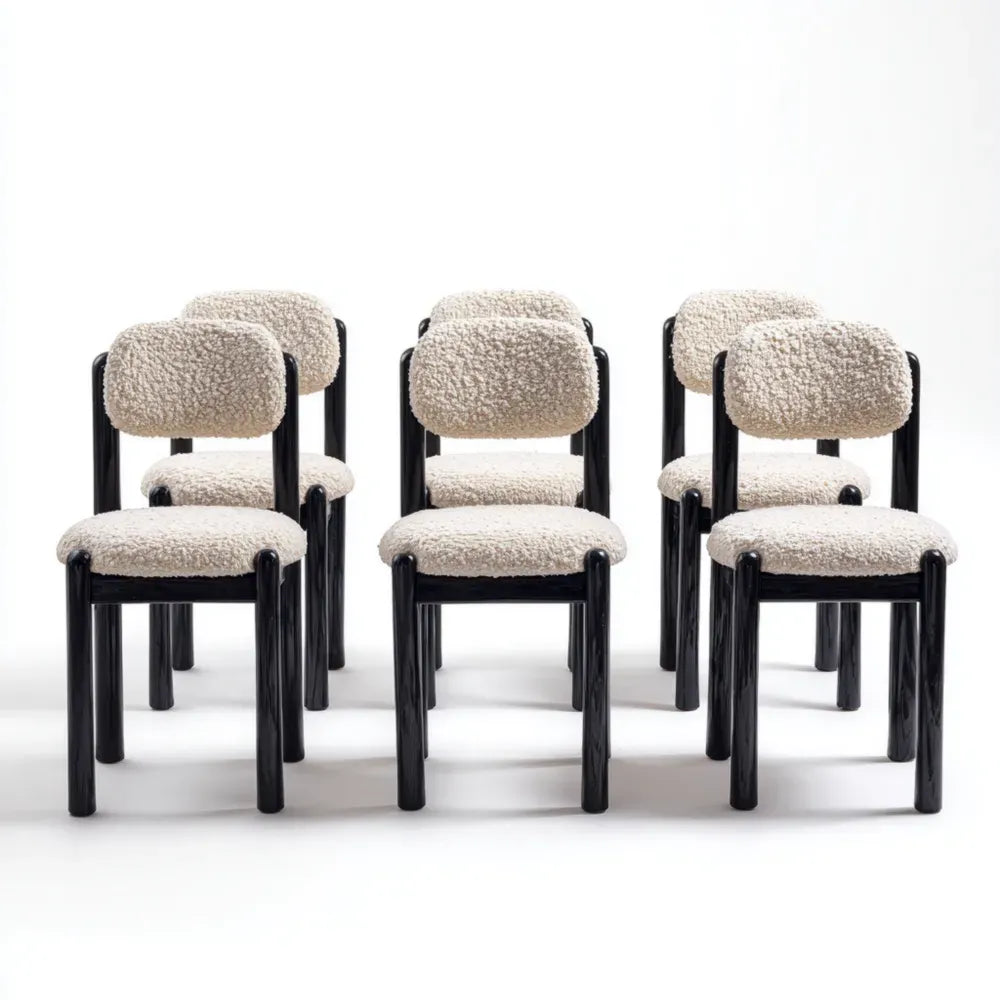 Dining Chair Set of 6 – 45x42x85 cm – Faux Shearling Upholstery – Beige – Black Legs – Contemporary Design