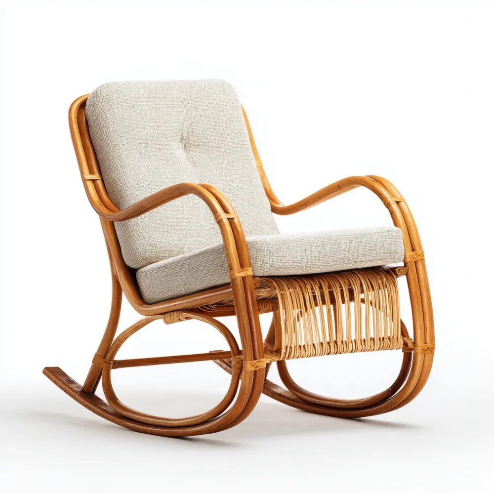 Patio Rocking Chair 90x60x80 cm – Rattan Frame – Beige Cushion – Indoor/Outdoor Use