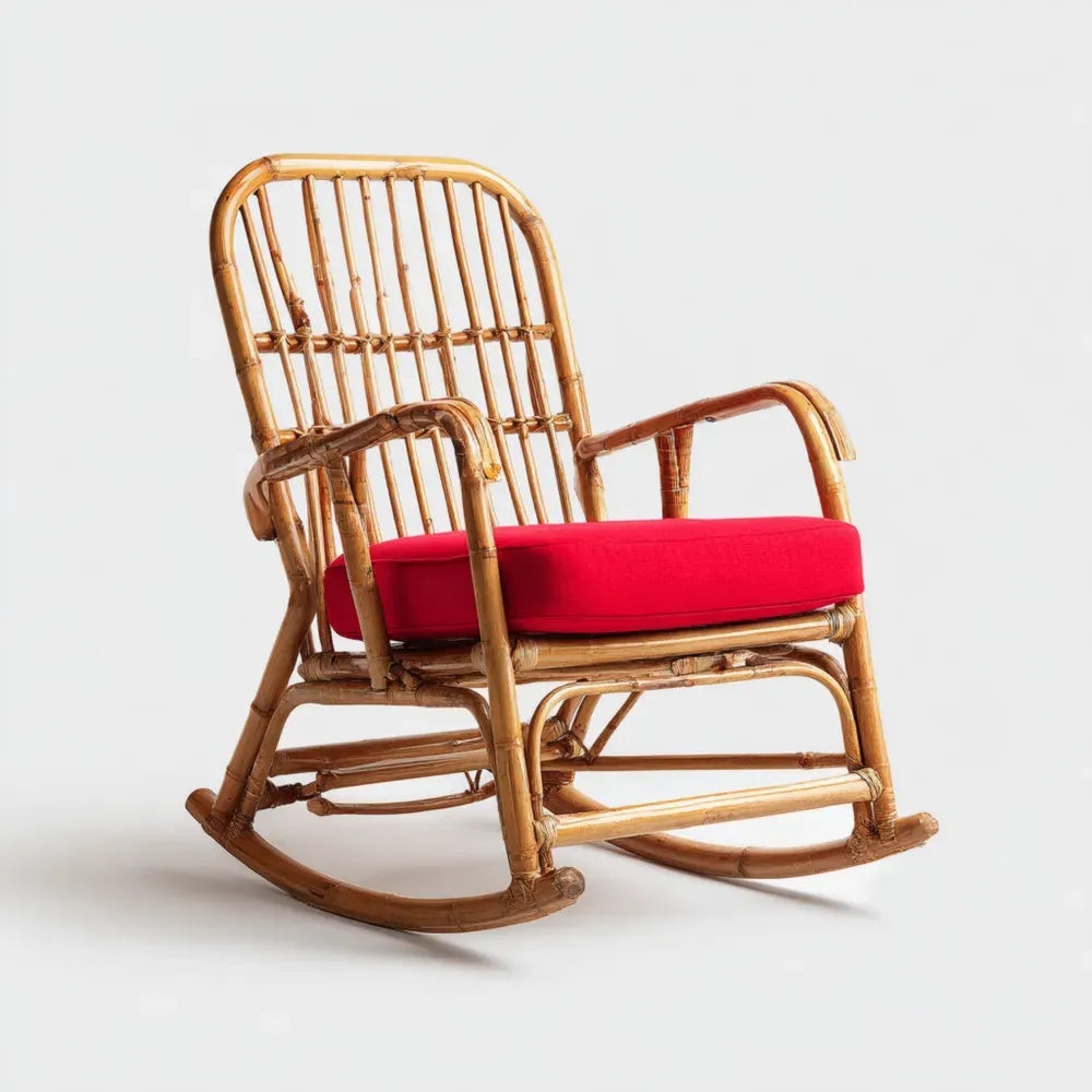 Bamboo Patio Rocking Chair 90x60x100 cm - Red Cushion - Classic Design