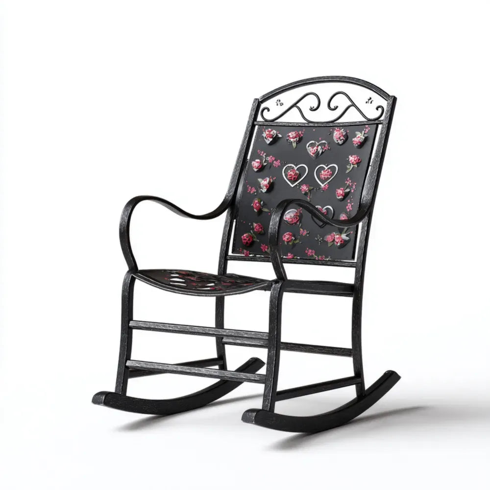 Metal Patio Rocking Chair – Floral Design – Black – 60x80x110 cm