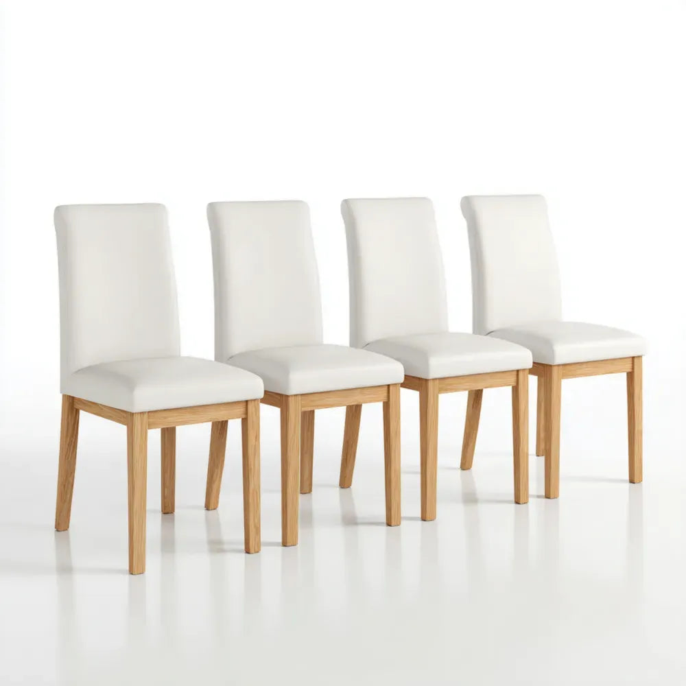 Dining Chairs Set of 4 - 45x40x96 cm - White Faux Leather Upholstery - Natural Wood Legs - Modern Style