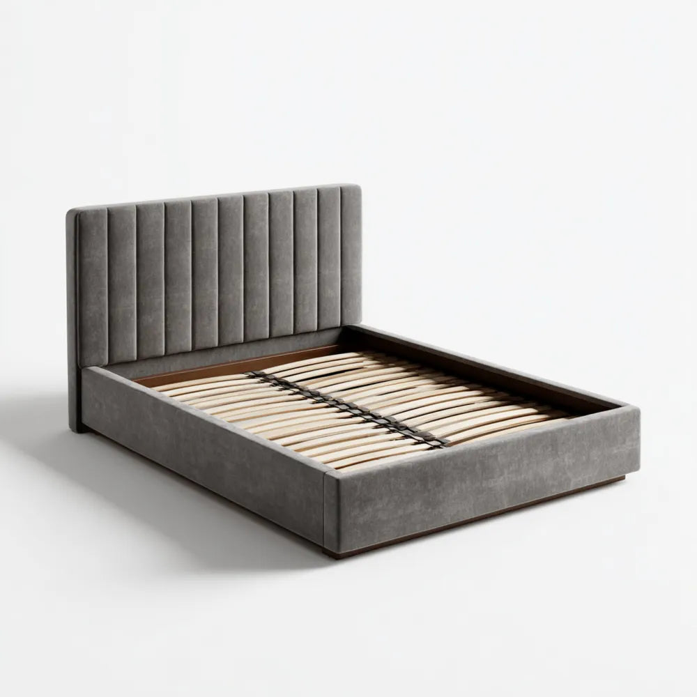 Bed Frame Upholstered with Wooden Slats - Queen Size 160x200x100 cm Dark Grey - Modern Design