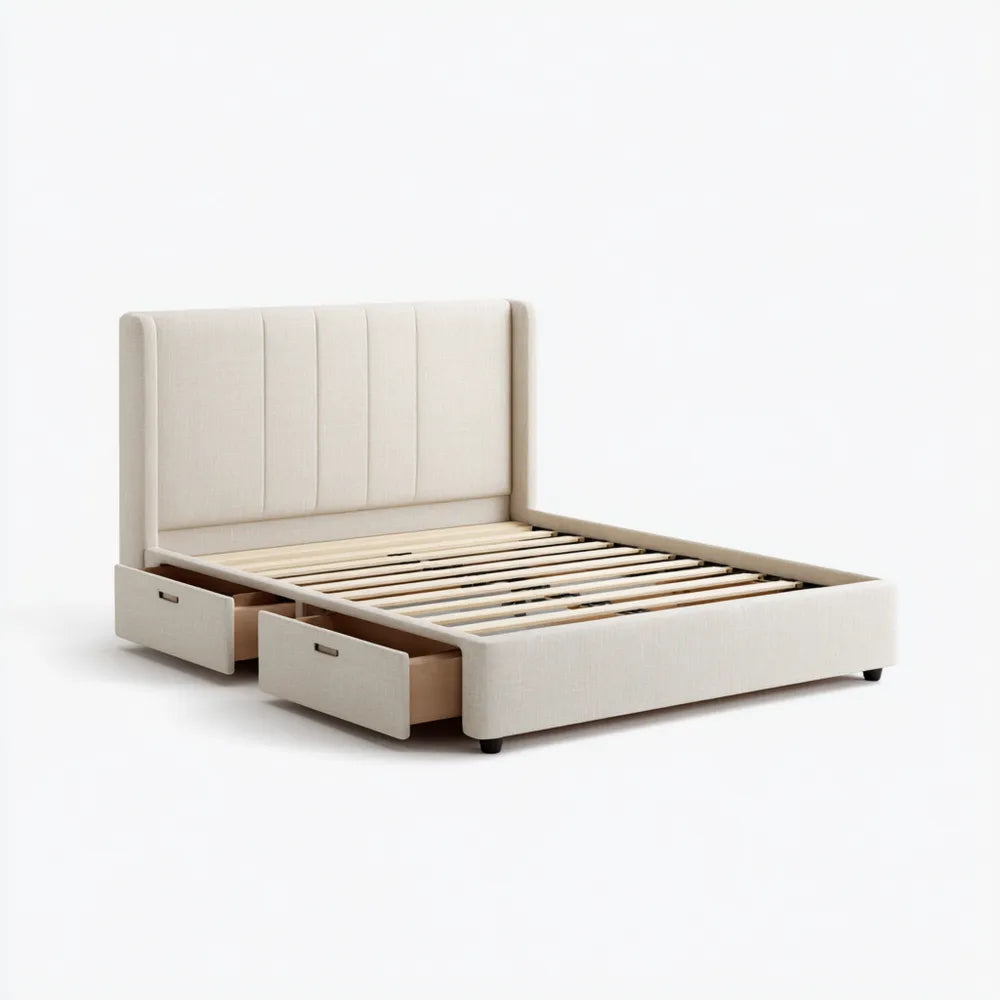 Upholstered Bed Frame with Storage Drawers - Fabric Beige - Queen Size 160x200x110 cm - Modern Design