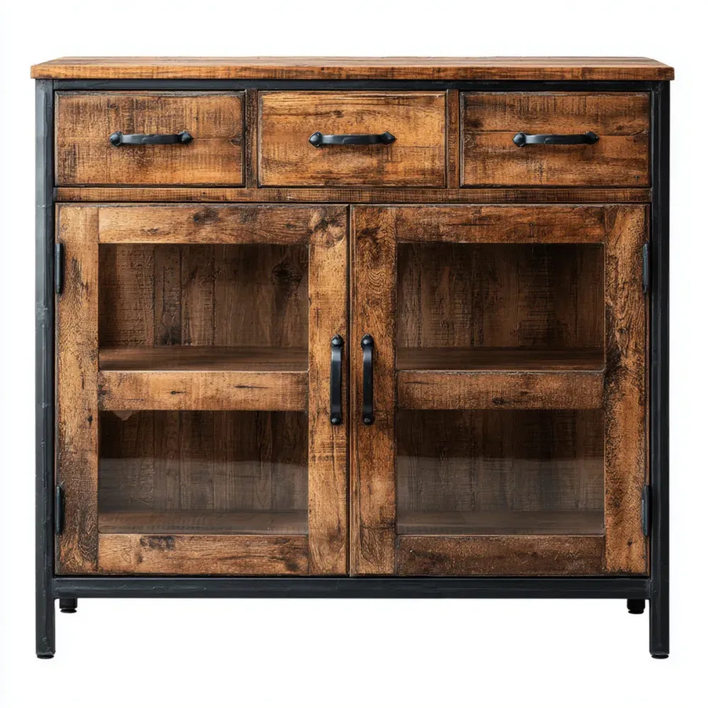 Rustic Wood Display Cabinet with Glass Doors - 90x40x100 cm - Brown - Industrial Style