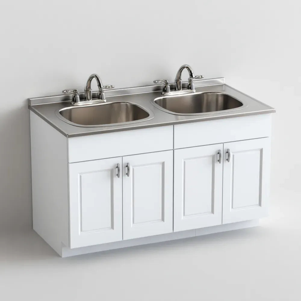 Double Sink Cabinet Stainless Steel Top 120x60x85 cm - White - Modern Style