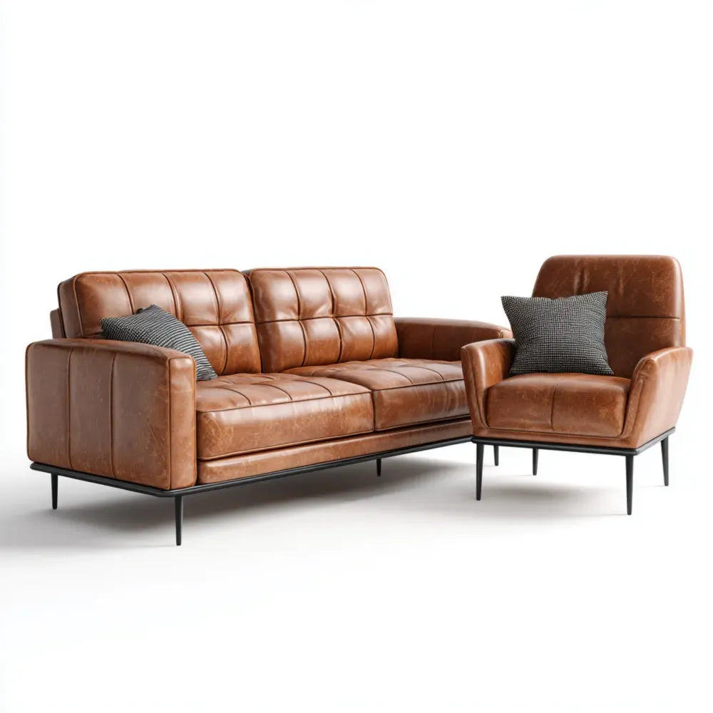 Leather Sofa Set with Armchair – 220x85x75 cm – Brown – Modern Style